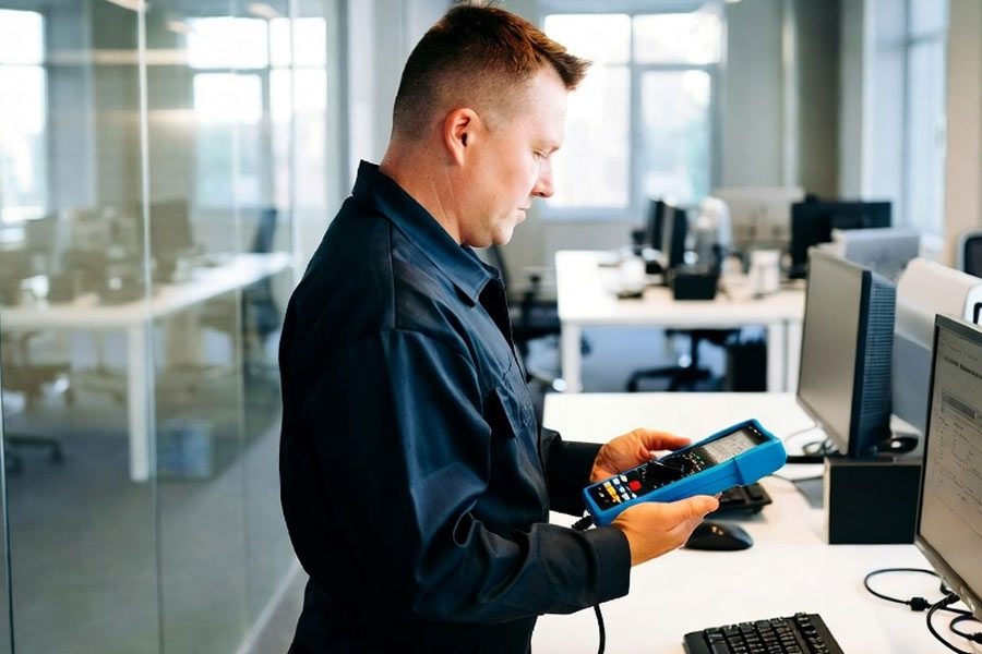 Eine Person in Arbeitskleidung prüft ein elektronisches Messgerät in einem modernen Büro.